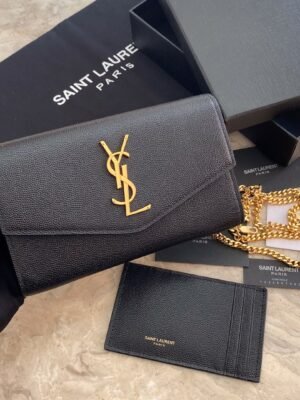 UPTOWN CHAIN WALLET IN CROCODILE-EMBOSSED SHINY LEATHER