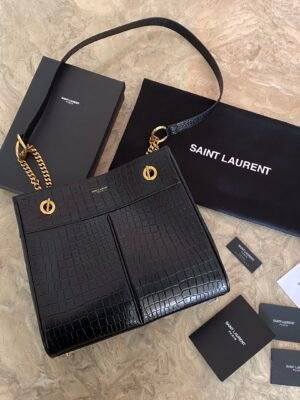 YSL Saint Laurent classic reproduction crocodile pattern shopping bag with detachable chain, bronze metal chain