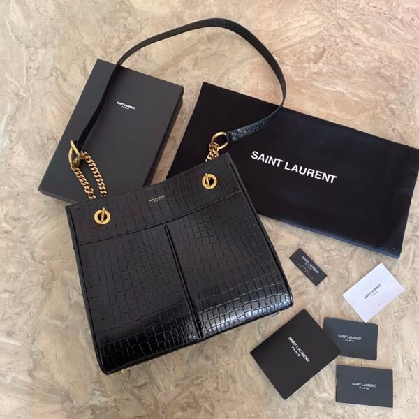YSL Saint Laurent classic reproduction crocodile pattern shopping bag with detachable chain, bronze metal chain