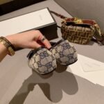 Gucci Beige/Blue GG Canvas And Leather Bow Ballet Flats