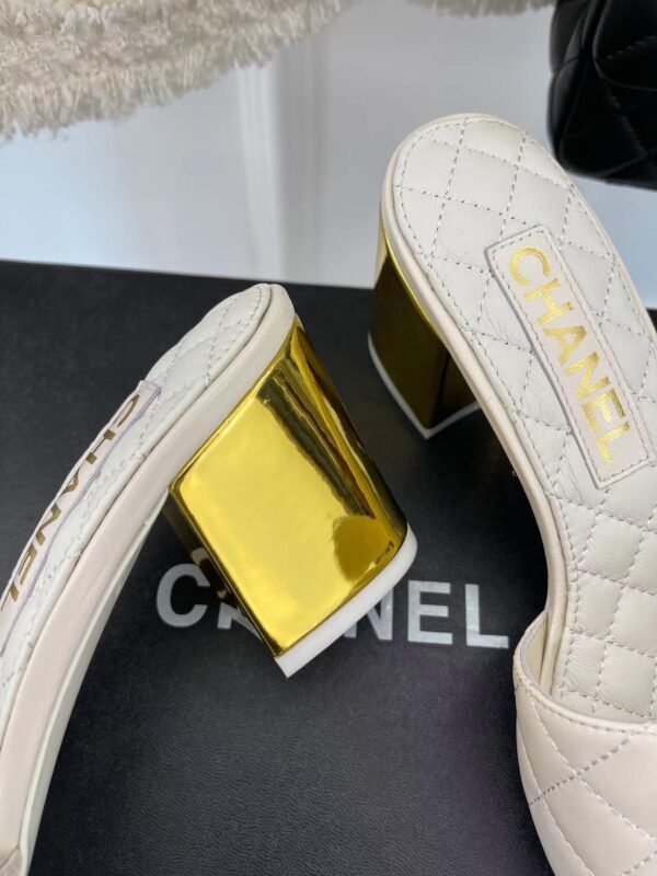 Chanel REV White Lambskin Quilted CC Gold Logo Cone Heel Mule Slide Sandal