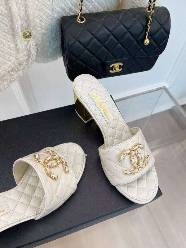 Chanel REV White Lambskin Quilted CC Gold Logo Cone Heel Mule Slide Sandal