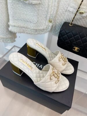Chanel REV White Lambskin Quilted CC Gold Logo Cone Heel Mule Slide Sandal