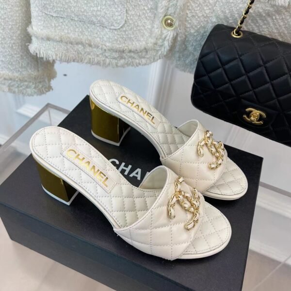Chanel REV White Lambskin Quilted CC Gold Logo Cone Heel Mule Slide Sandal