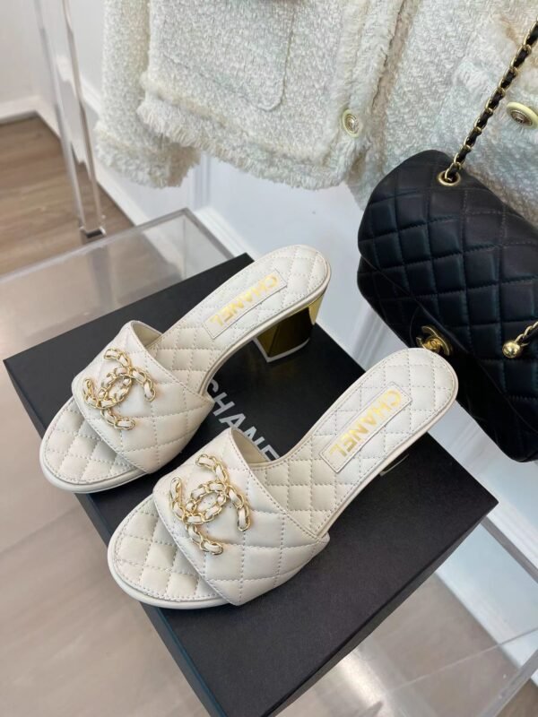 Chanel REV White Lambskin Quilted CC Gold Logo Cone Heel Mule Slide Sandal