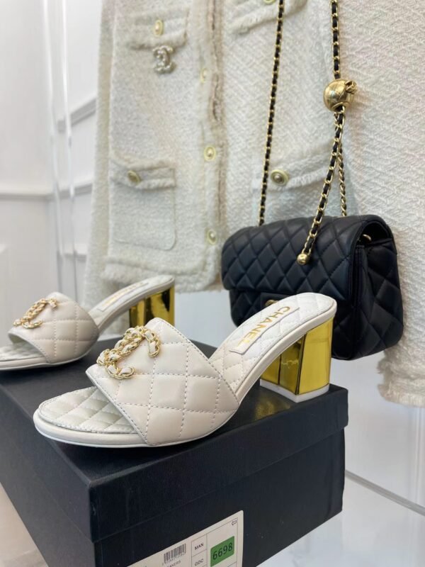 Chanel REV White Lambskin Quilted CC Gold Logo Cone Heel Mule Slide Sandal