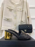 CHANEL 2023 BLACK GOATSKIN SHINY LEATHER GOLD CC SLIDES HIGH HEELS