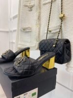 CHANEL 2023 BLACK GOATSKIN SHINY LEATHER GOLD CC SLIDES HIGH HEELS