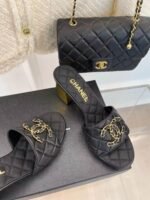 CHANEL 2023 BLACK GOATSKIN SHINY LEATHER GOLD CC SLIDES HIGH HEELS