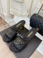 CHANEL 2023 BLACK GOATSKIN SHINY LEATHER GOLD CC SLIDES HIGH HEELS
