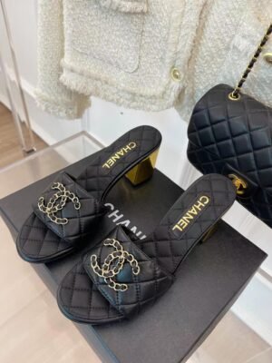 CHANEL 2023 BLACK GOATSKIN SHINY LEATHER GOLD CC SLIDES HIGH HEELS