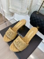 CHANEL 2023 BLACK GOATSKIN SHINY LEATHER GOLD CC SLIDES HIGH HEELS