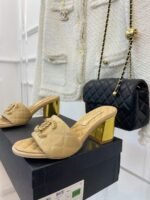 CHANEL 2023 BLACK GOATSKIN SHINY LEATHER GOLD CC SLIDES HIGH HEELS