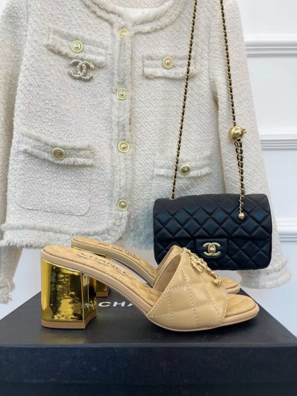 CHANEL 2023 BLACK GOATSKIN SHINY LEATHER GOLD CC SLIDES HIGH HEELS