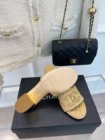CHANEL 2023 BLACK GOATSKIN SHINY LEATHER GOLD CC SLIDES HIGH HEELS