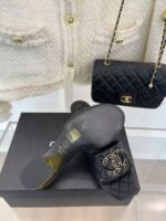 CHANEL 2023 BLACK GOATSKIN SHINY LEATHER GOLD CC SLIDES HIGH HEELS