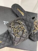 CHANEL GOATSKIN SHINY LEATHER GOLD CC FLAT SANDALS