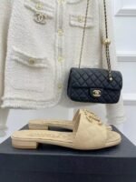 CHANEL GOATSKIN SHINY LEATHER GOLD CC FLAT SANDALS