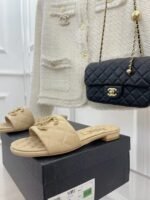 CHANEL GOATSKIN SHINY LEATHER GOLD CC FLAT SANDALS