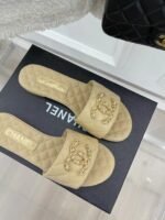CHANEL GOATSKIN SHINY LEATHER GOLD CC FLAT SANDALS