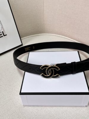 Black Quilted Leather CC Logo Belt