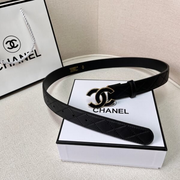 Black Quilted Leather CC Logo Belt