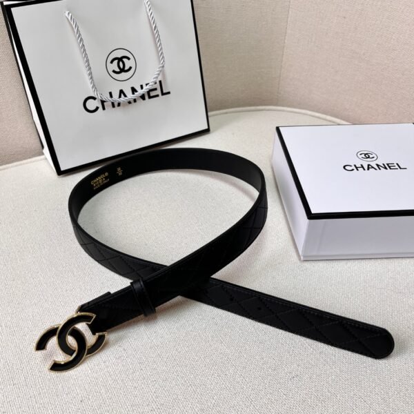 Black Quilted Leather CC Logo Belt