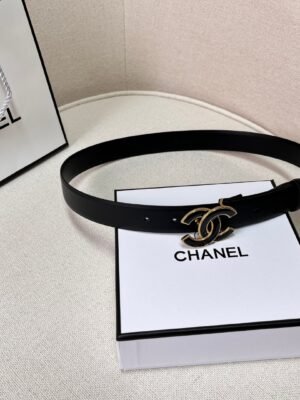 Black Quilted Leather CC Logo Belt