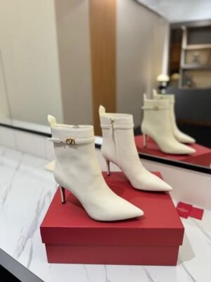Valentino Side Zipper Ankle Boots White High Heel Fashion Boot