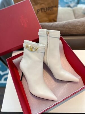 Valentino Side Zipper Ankle Boots White High Heel Fashion Boot