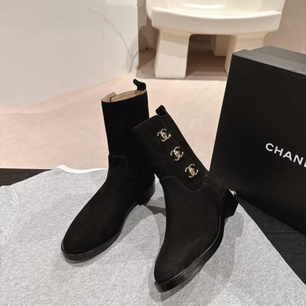 Chanel Black Suede CC Logo Ankle Boot