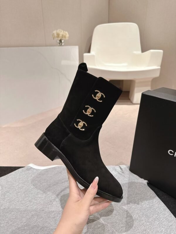 Chanel Black Suede CC Logo Ankle Boot