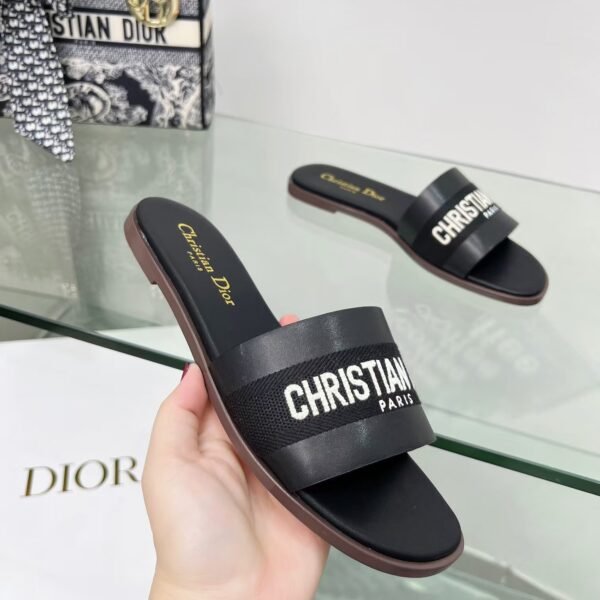 Dway Heeled Slide Black Cotton Embroidered with Metallic Thread and Silver-Tone Strass