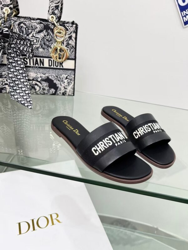 Dway Heeled Slide Black Cotton Embroidered with Metallic Thread and Silver-Tone Strass